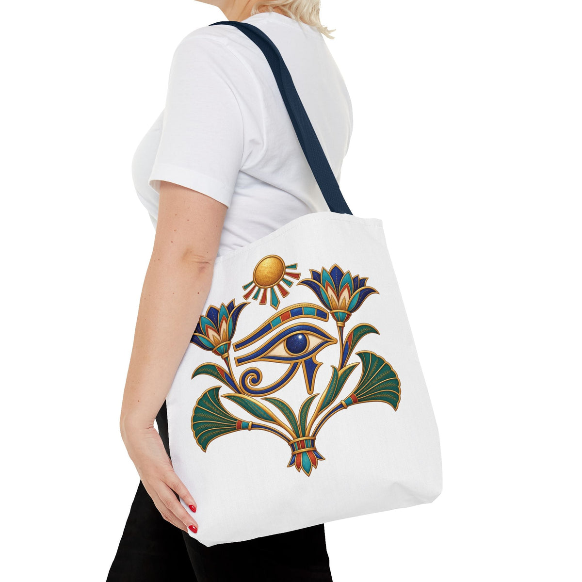 Eye of Horus and lotus Egyptian heritage all-over print tote bag