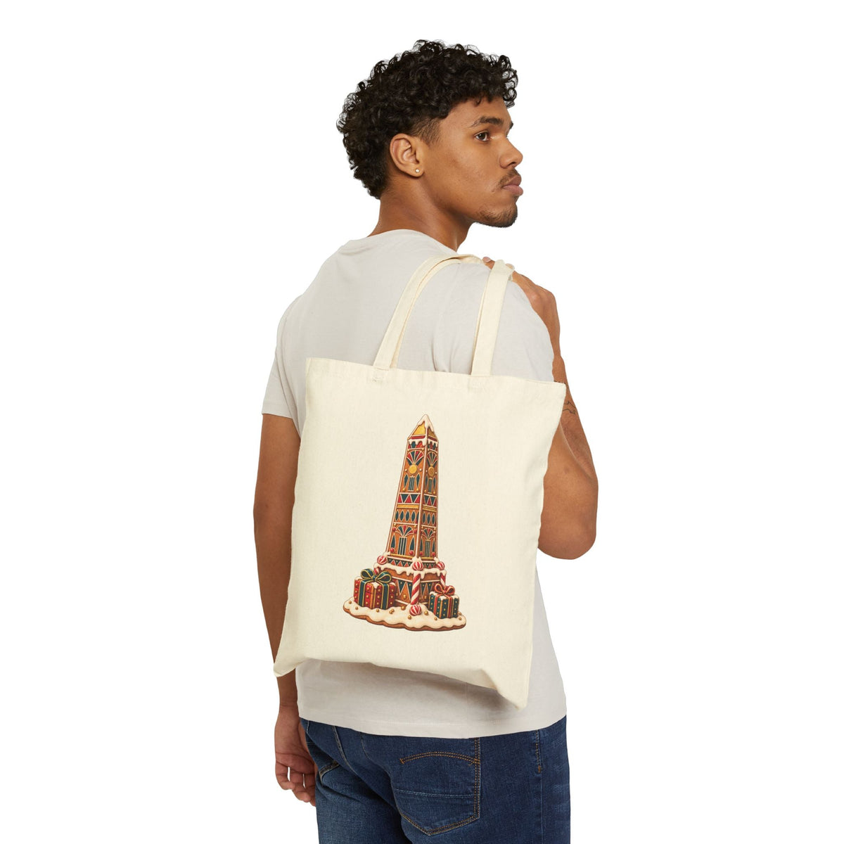 Gingerbread Obelisk Christmas Canvas Tote — Egyptian Holiday Printify
