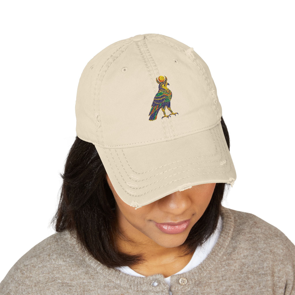 Distressed dad hat with Egyptian falcon and sun disk embroidery
