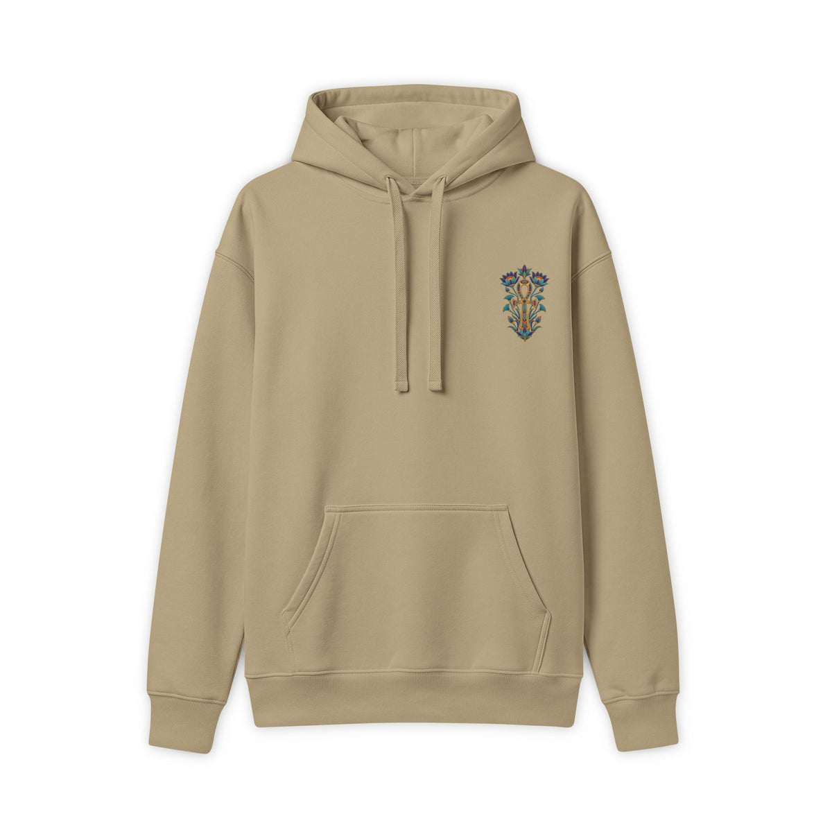 Hoodie with colorful Egyptian lotus and ankh chest artwork