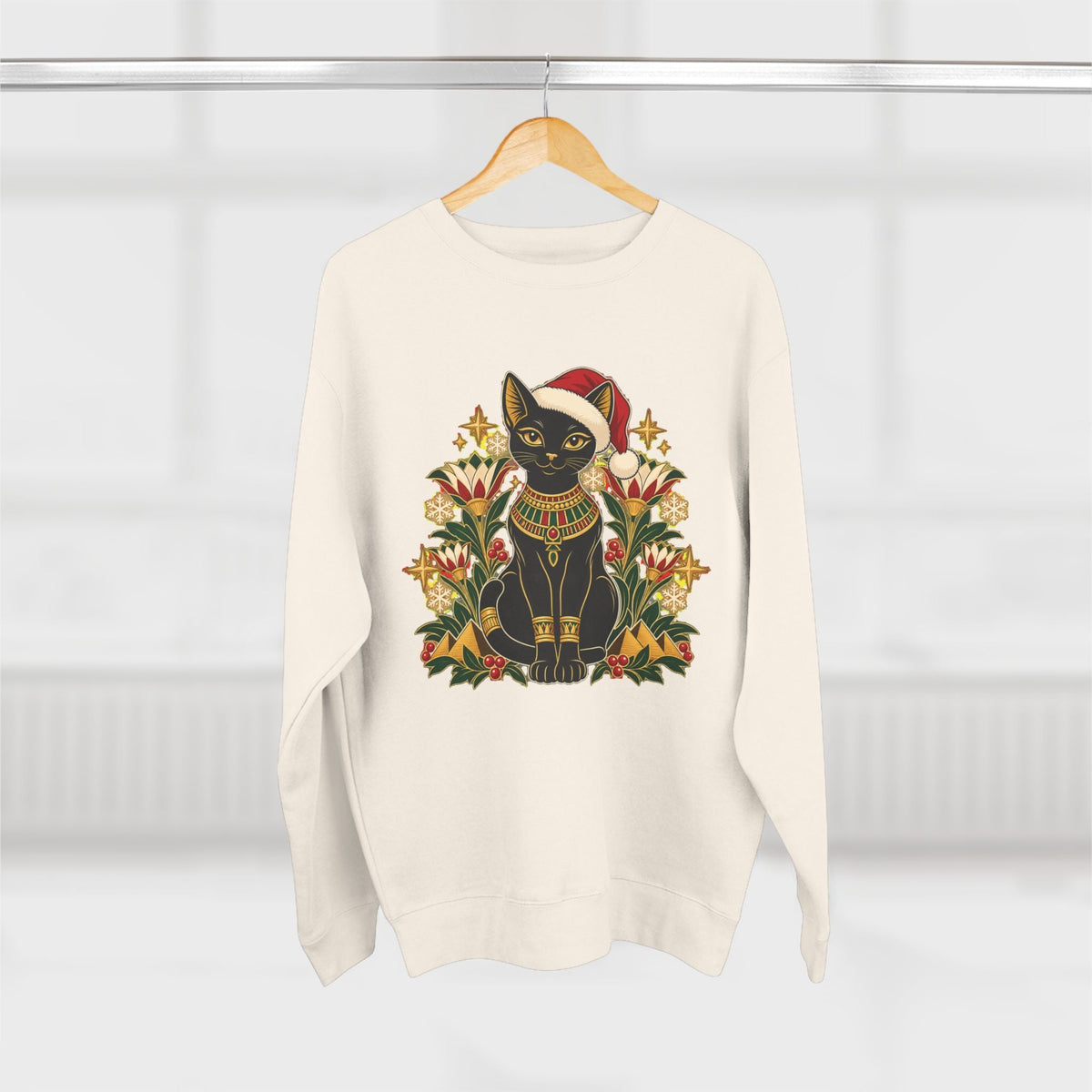 Christmas Black Cat Crewneck Sweatshirt – Festive Egyptian Cat Holiday Pullover Printify