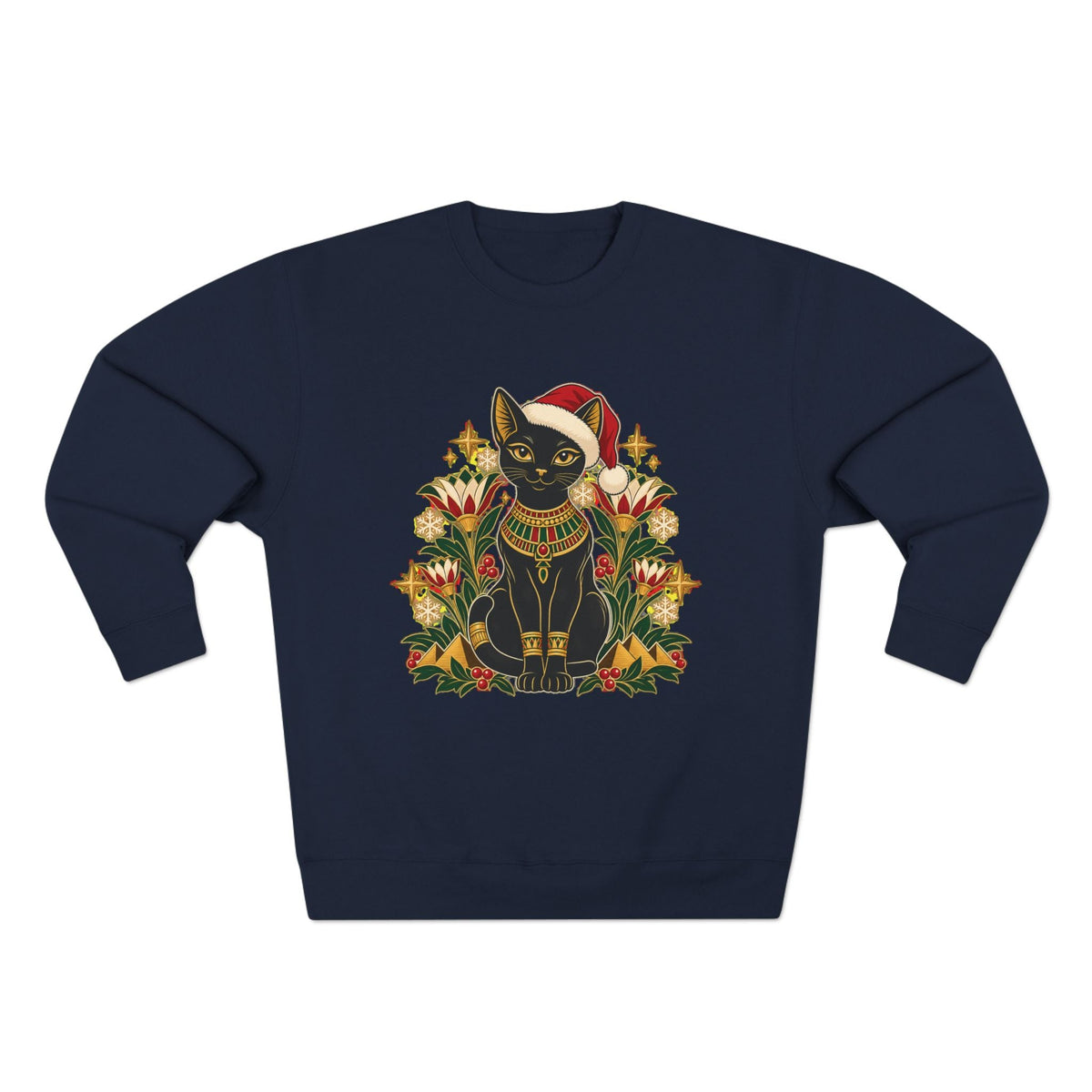 Christmas Black Cat Crewneck Sweatshirt – Festive Egyptian Cat Holiday Pullover Printify