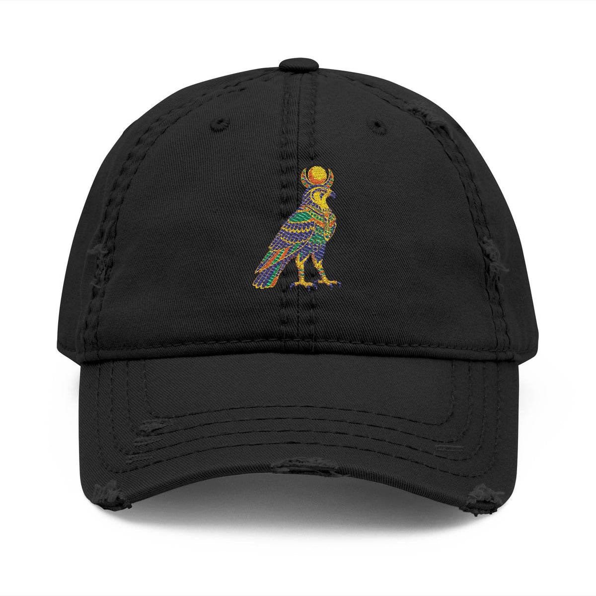 Distressed dad hat with Egyptian falcon and sun disk embroidery