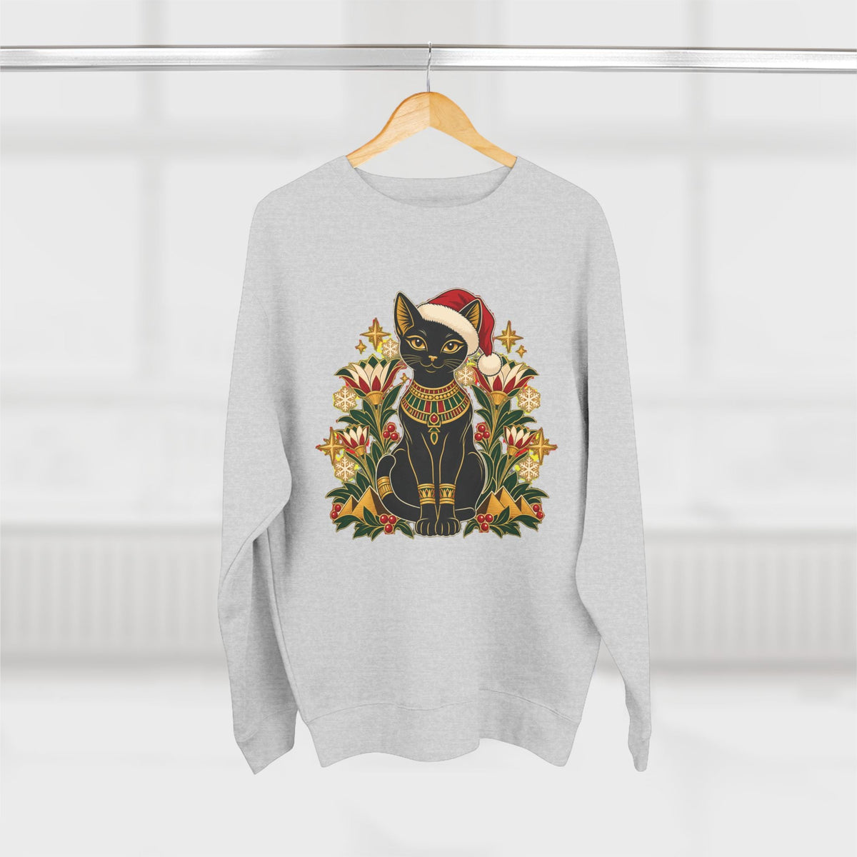 Christmas Black Cat Crewneck Sweatshirt – Festive Egyptian Cat Holiday Pullover Printify