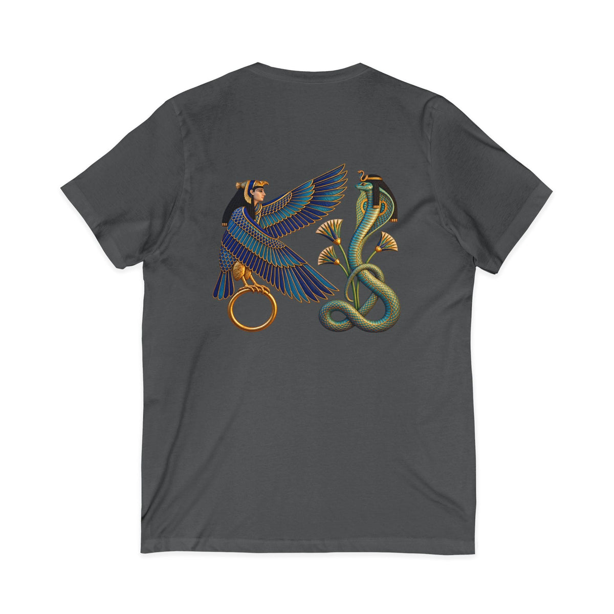 V-neck T-shirt with Egyptian winged figure and cobra artwork