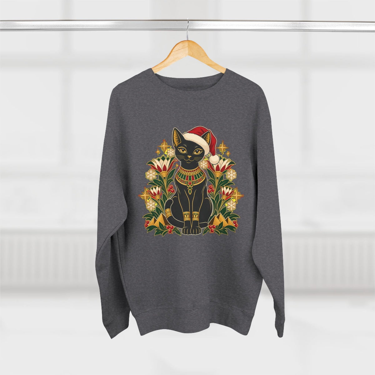 Christmas Black Cat Crewneck Sweatshirt – Festive Egyptian Cat Holiday Pullover Printify
