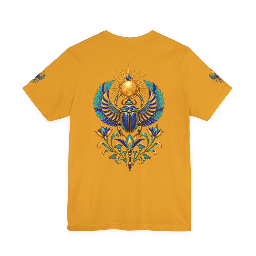 Scarabs & Sun Egyptian Scarab T-Shirt — Golden Sunback Graphic Tee Printify