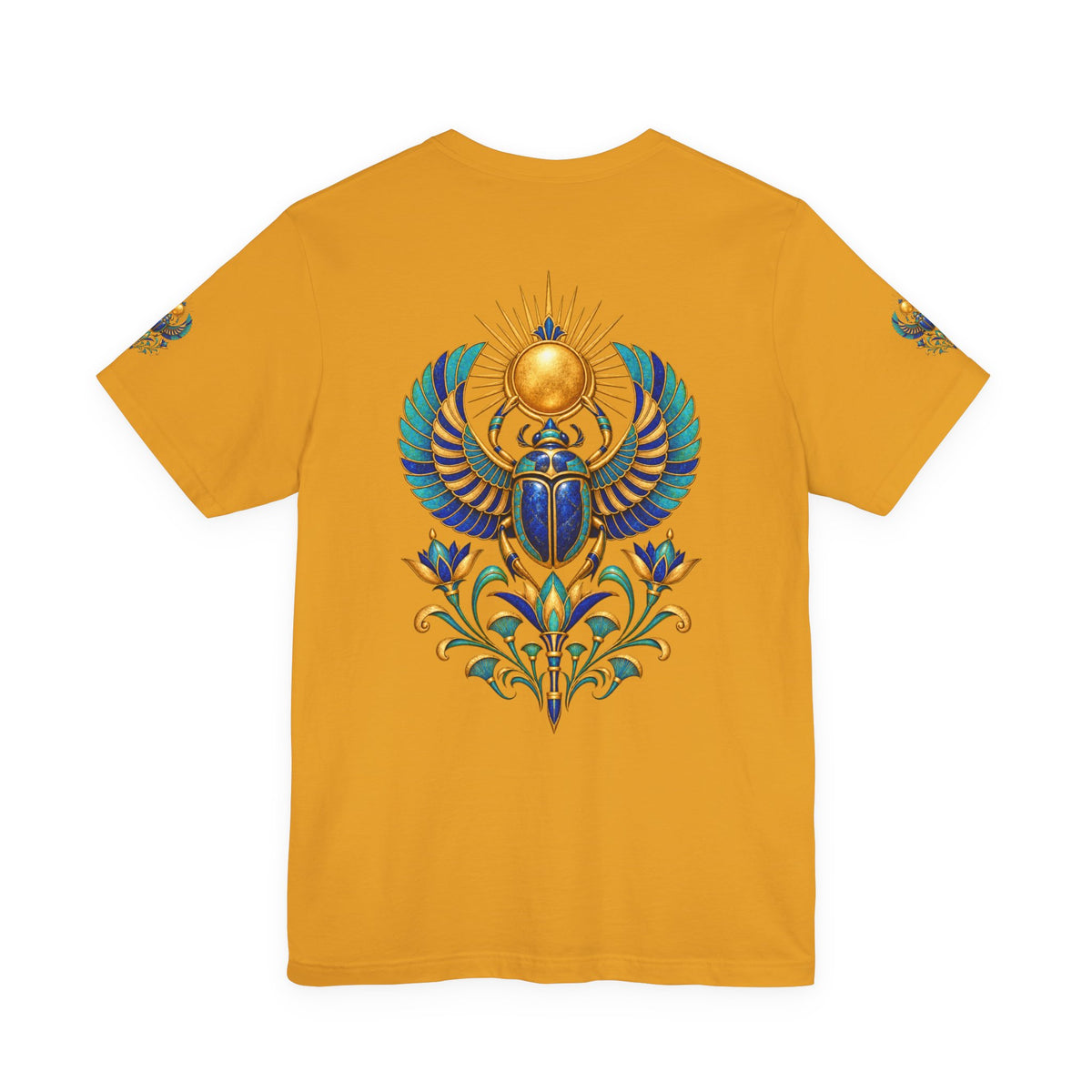 Scarabs & Sun Egyptian Scarab T-Shirt — Golden Sunback Graphic Tee Printify