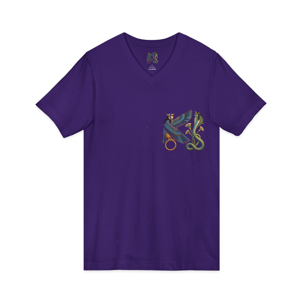 V-neck T-shirt with Egyptian winged figure and cobra artwork