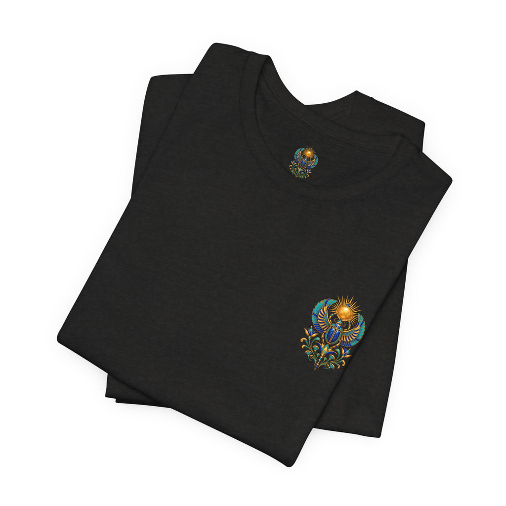 Scarabs & Sun Egyptian Scarab T-Shirt — Golden Sunback Graphic Tee Printify