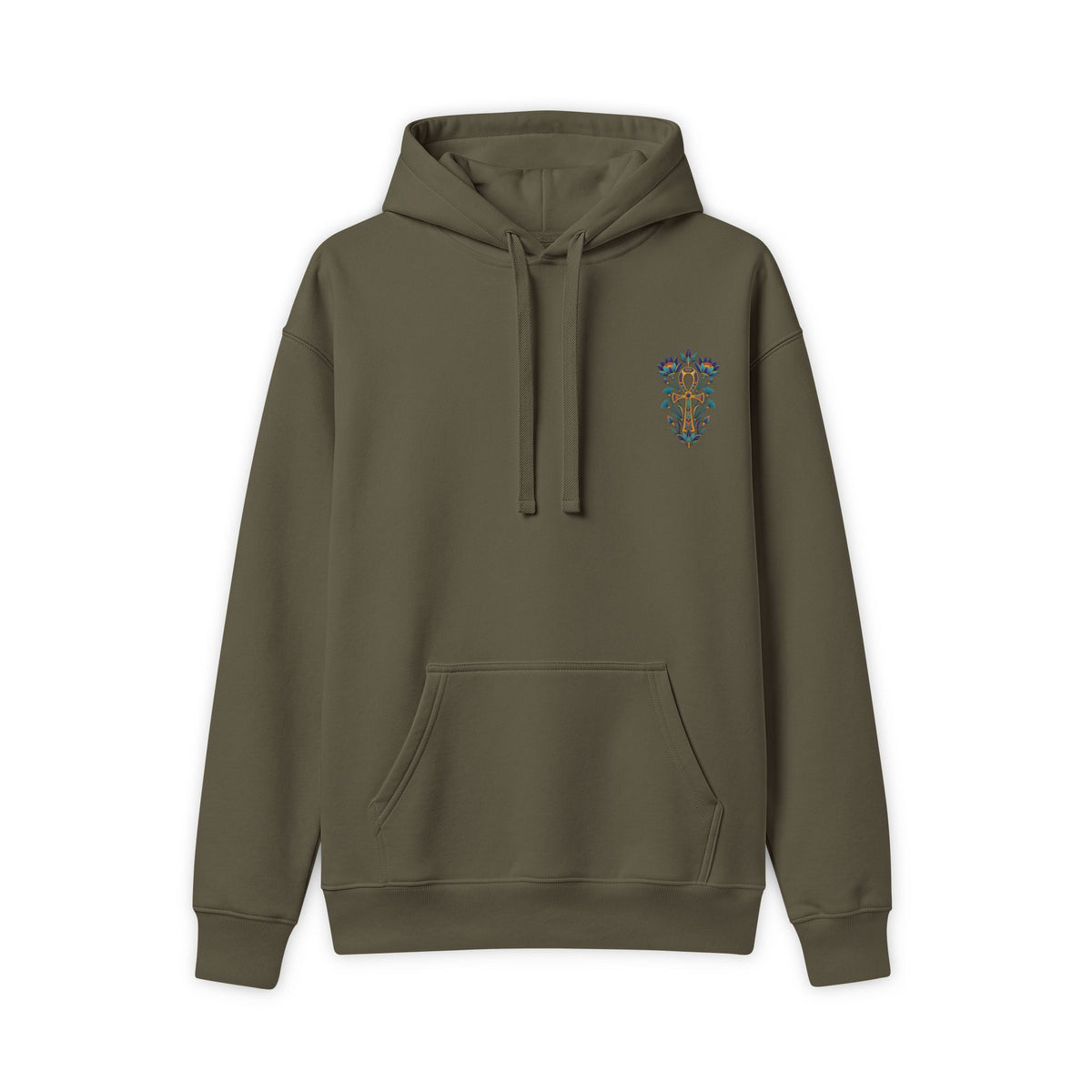Hoodie with colorful Egyptian lotus and ankh chest artwork