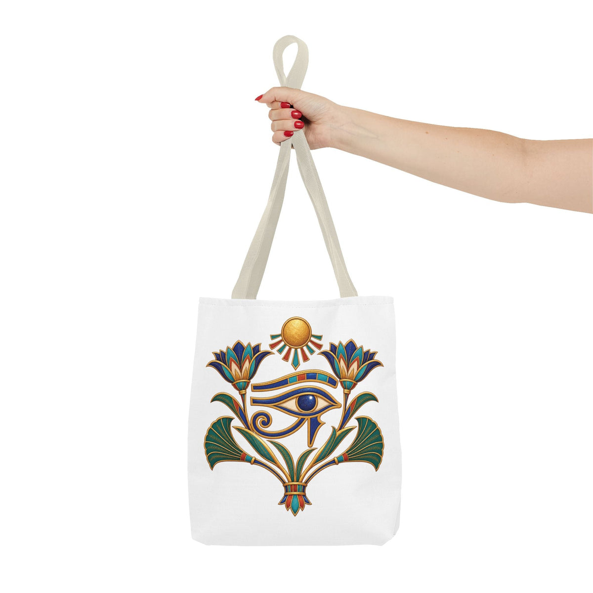 Eye of Horus and lotus Egyptian heritage all-over print tote bag