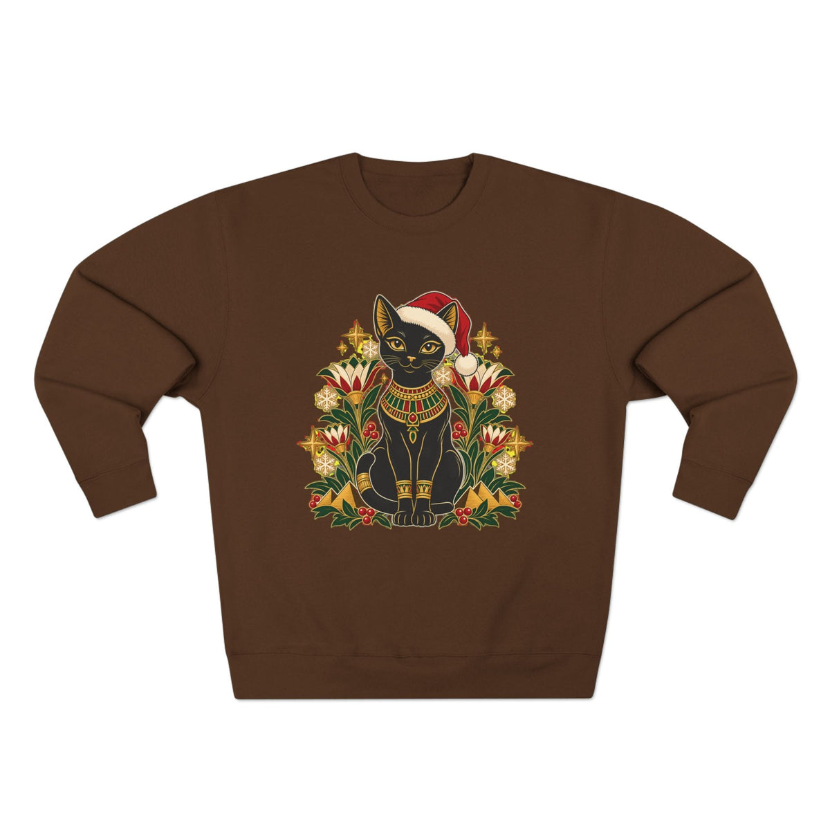 Christmas Black Cat Crewneck Sweatshirt – Festive Egyptian Cat Holiday Pullover Printify