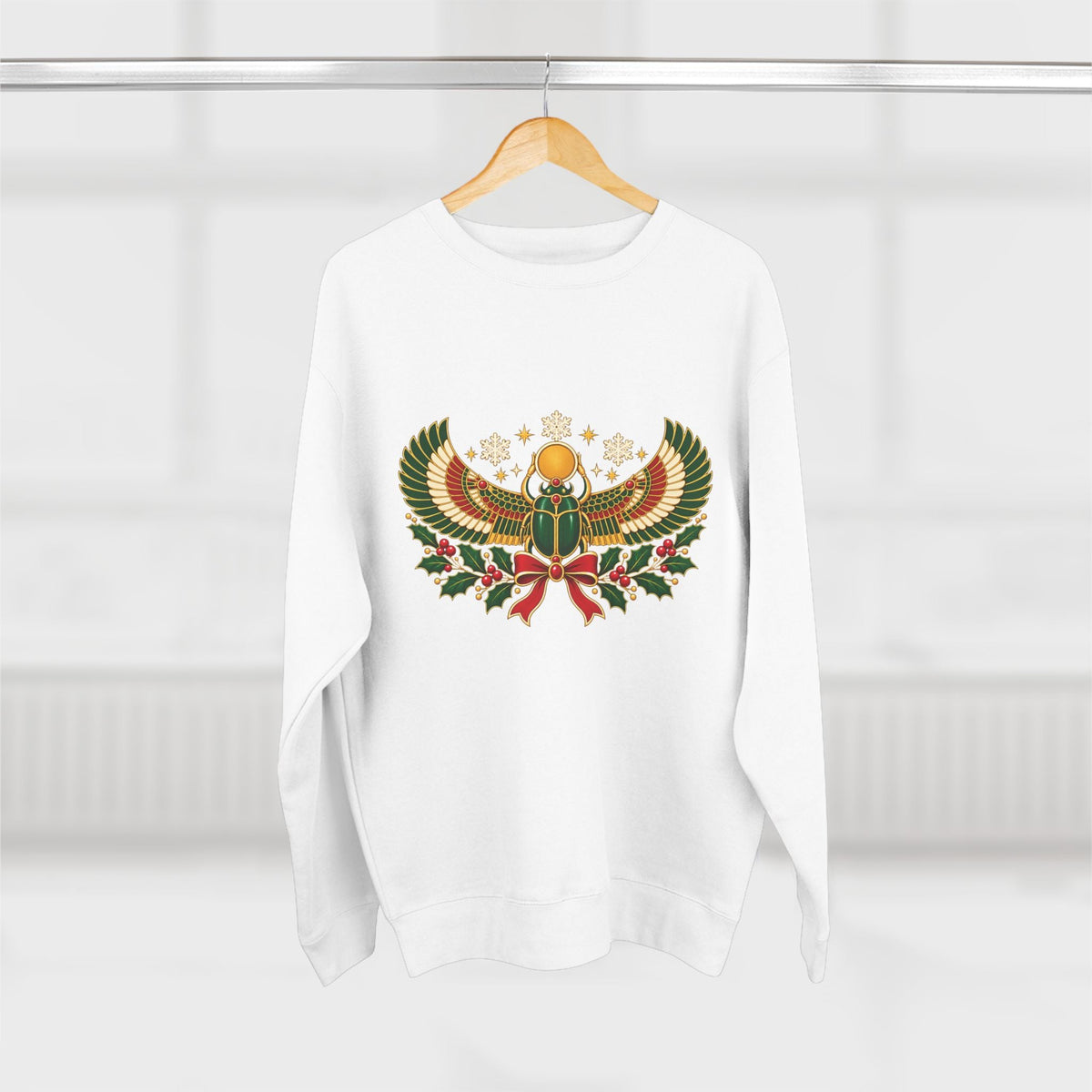 Egyptian Scarab Holiday Sweatshirt — Festive Scarab & Wreath Crewneck Printify