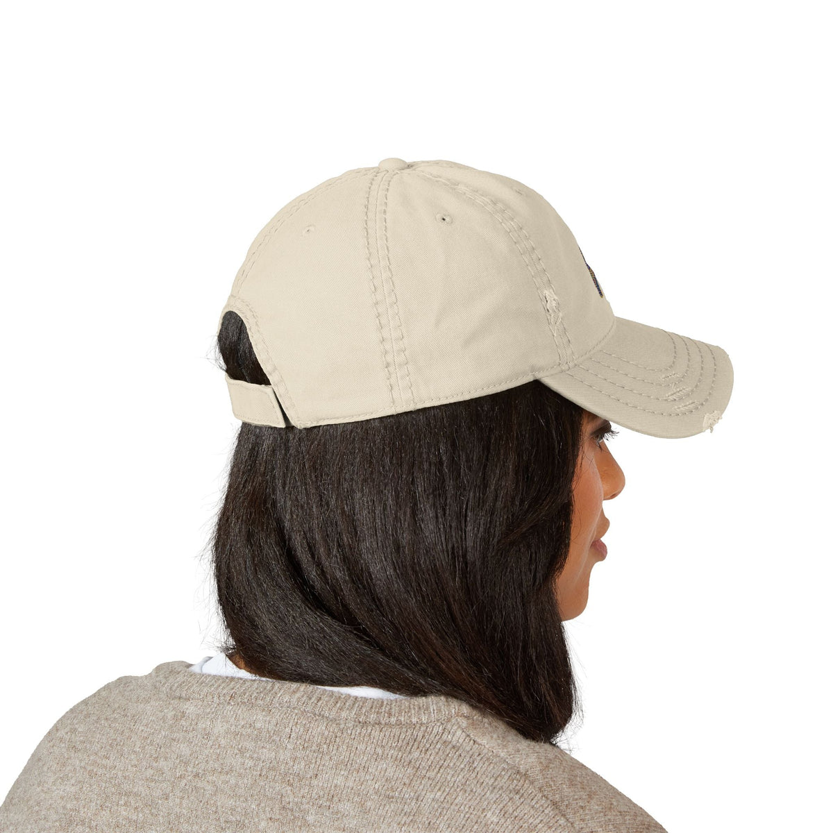 Distressed dad hat with Egyptian falcon and sun disk embroidery