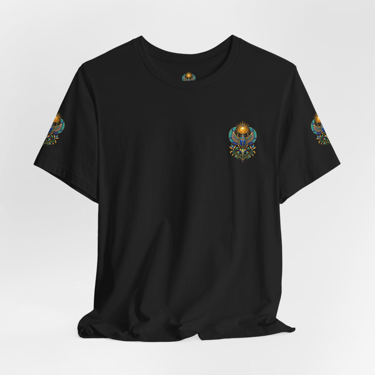 Scarabs & Sun Egyptian Scarab T-Shirt — Golden Sunback Graphic Tee Printify