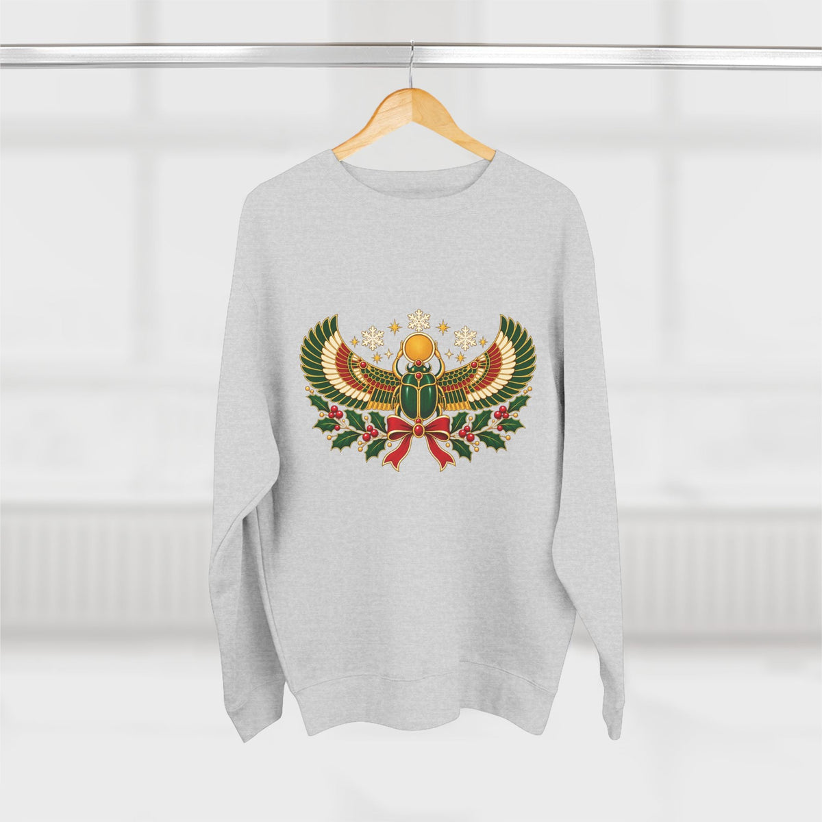 Egyptian Scarab Holiday Sweatshirt — Festive Scarab & Wreath Crewneck Printify
