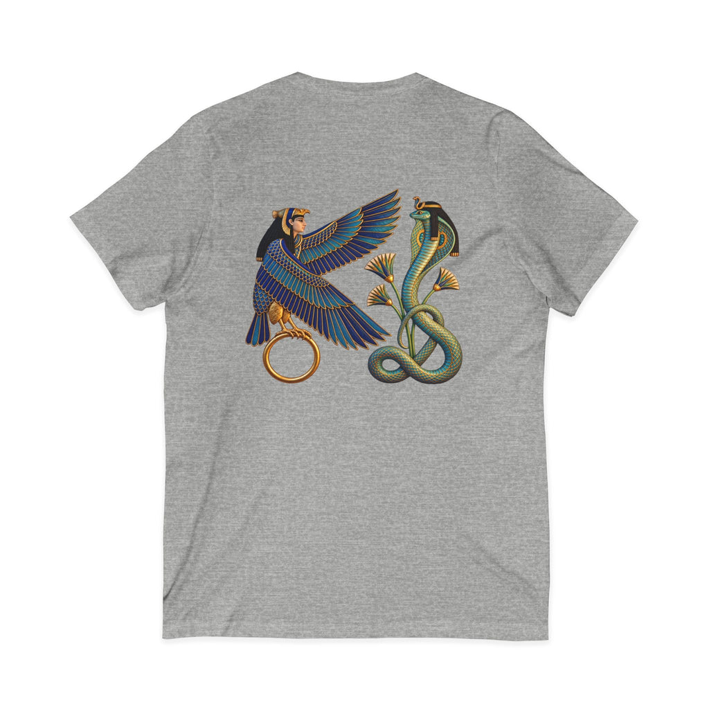 V-neck T-shirt with Egyptian winged figure and cobra artwork
