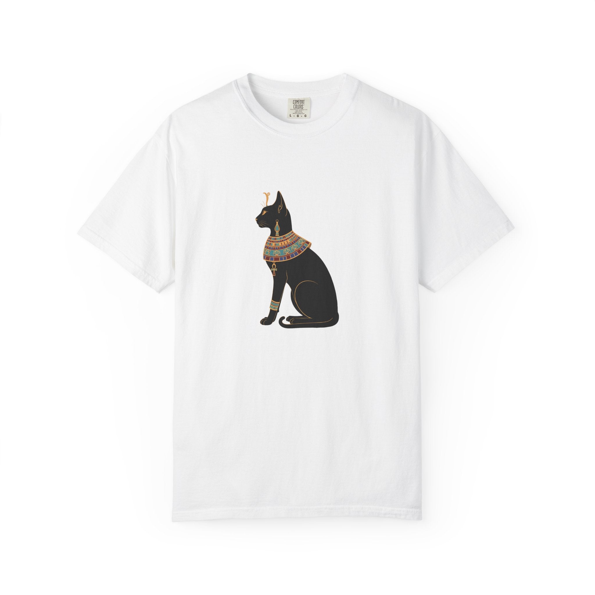 Black garment-dyed t-shirt with gold Bastet Egyptian cat design on soft 100% cotton fabric
