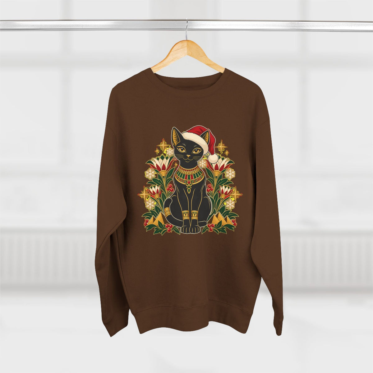 Christmas Black Cat Crewneck Sweatshirt – Festive Egyptian Cat Holiday Pullover Printify