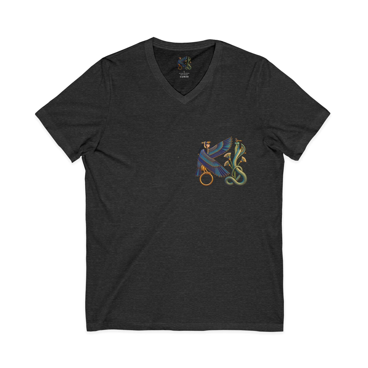 V-neck T-shirt with Egyptian winged figure and cobra artwork