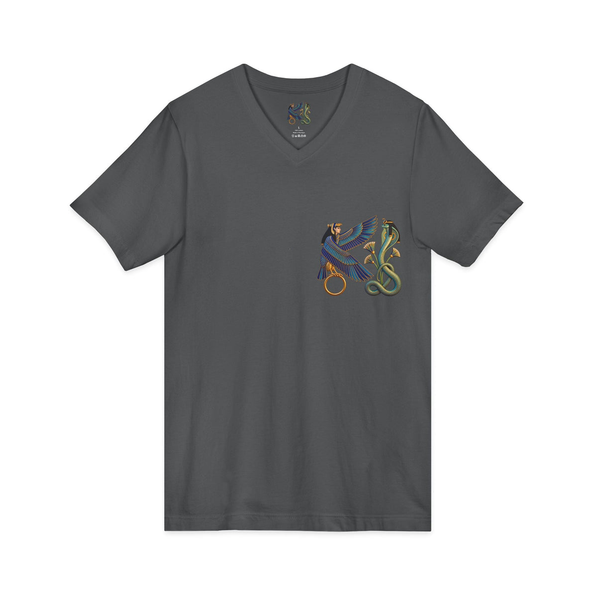 V-neck T-shirt with Egyptian winged figure and cobra artwork