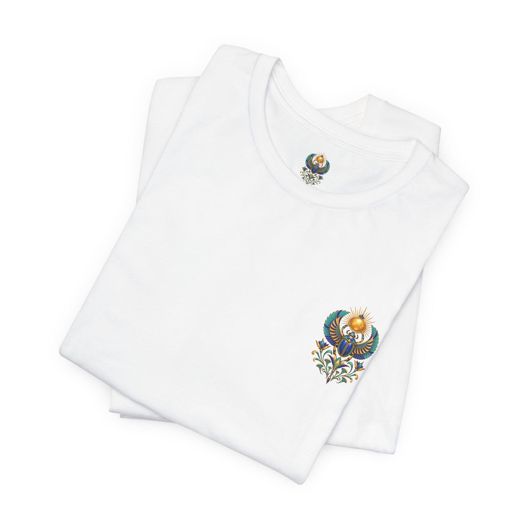 Scarabs & Sun Egyptian Scarab T-Shirt — Golden Sunback Graphic Tee Printify