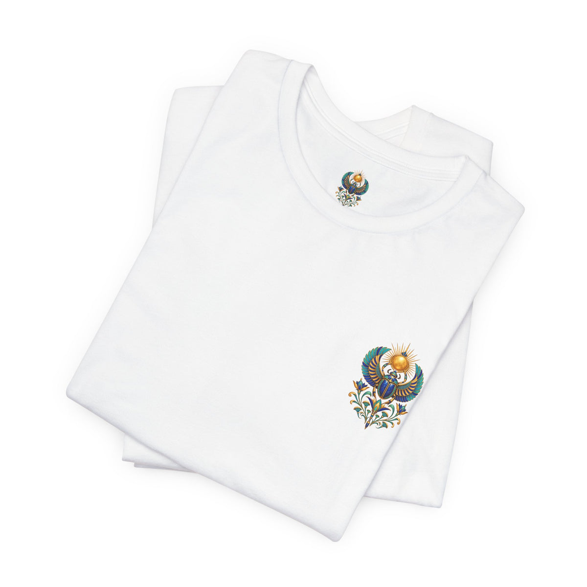 Scarabs & Sun Egyptian Scarab T-Shirt — Golden Sunback Graphic Tee Printify
