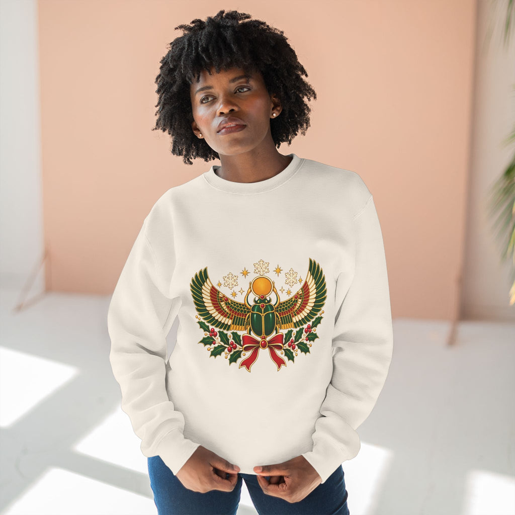 Egyptian Scarab Holiday Sweatshirt — Festive Scarab & Wreath Crewneck Printify