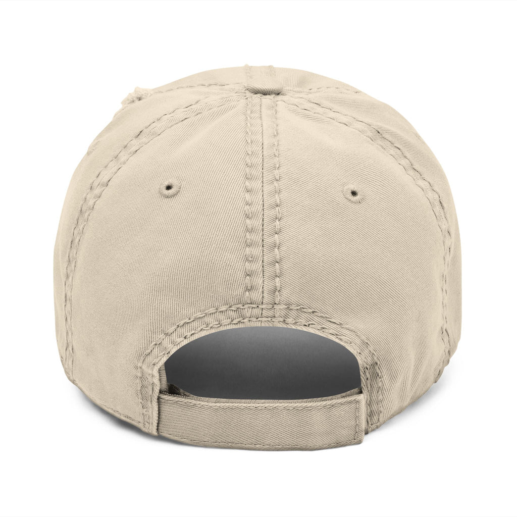 Distressed dad hat with Egyptian falcon and sun disk embroidery