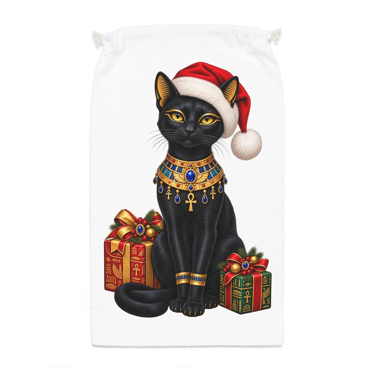 Black Cat Santa Sack | Egyptian Cat with Christmas Presents Printify