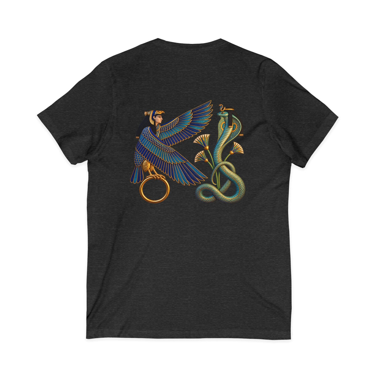 V-neck T-shirt with Egyptian winged figure and cobra artwork