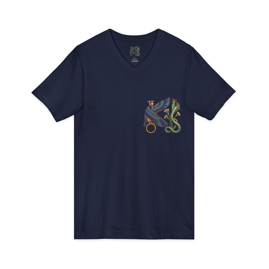 V-neck T-shirt with Egyptian winged figure and cobra artwork