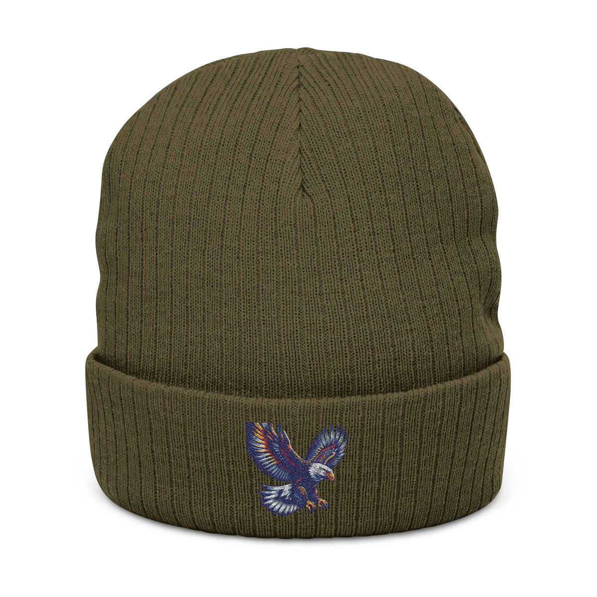 Ribbed knit beanie with embroidered eagle