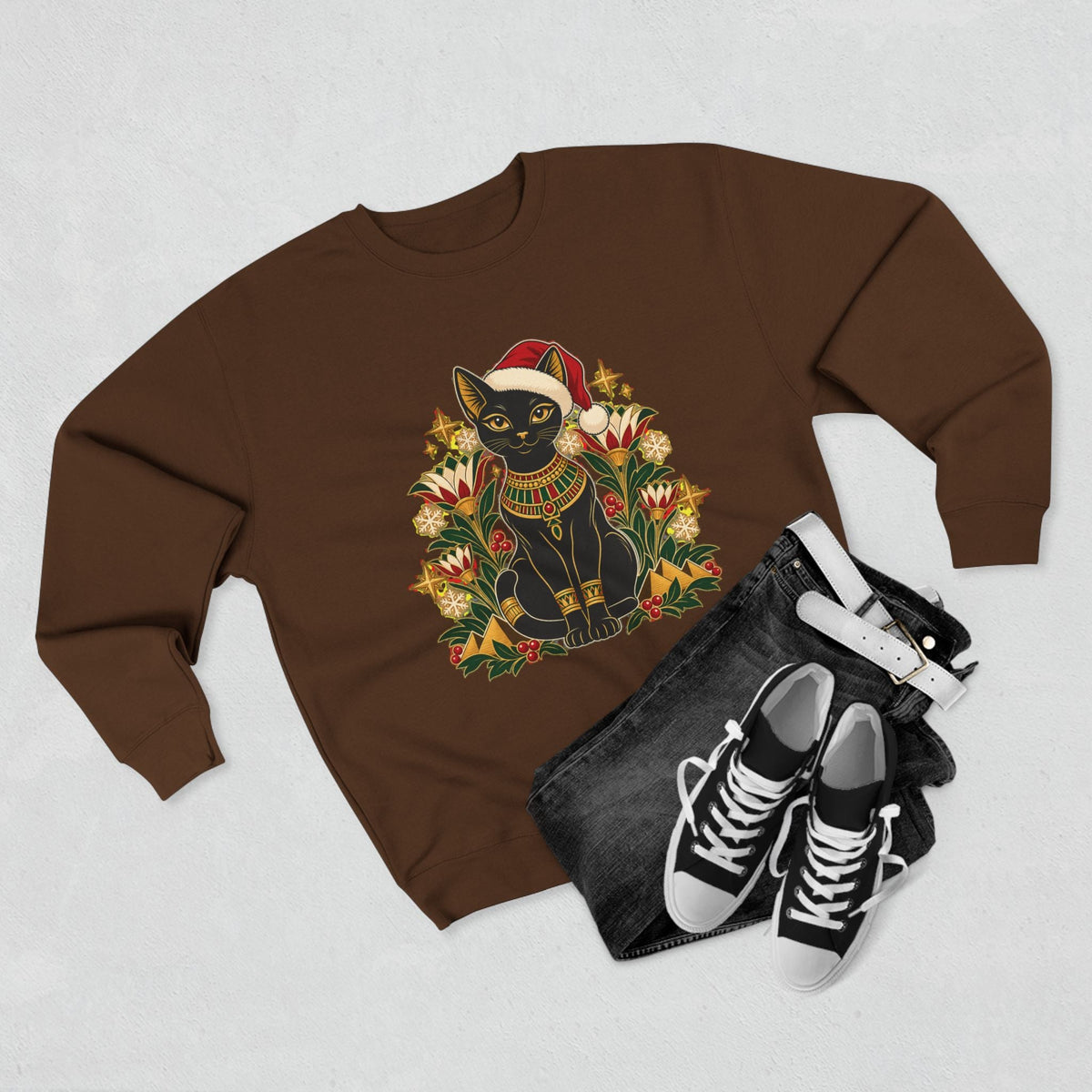 Christmas Black Cat Crewneck Sweatshirt – Festive Egyptian Cat Holiday Pullover Printify