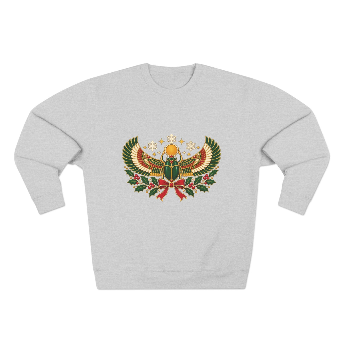 Egyptian Scarab Holiday Sweatshirt — Festive Scarab & Wreath Crewneck Printify