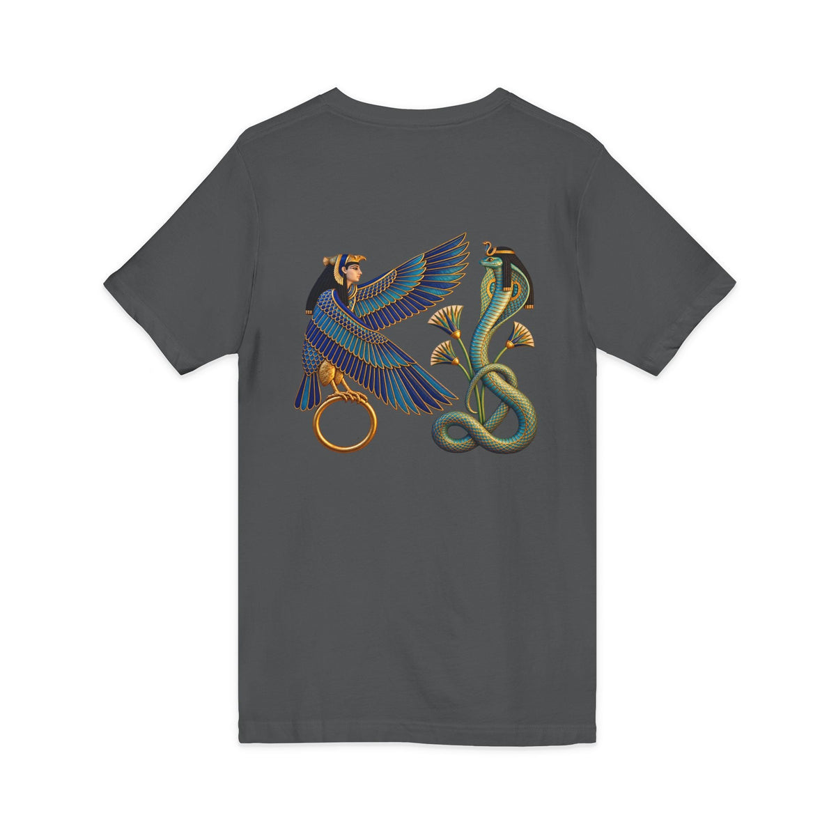 V-neck T-shirt with Egyptian winged figure and cobra artwork