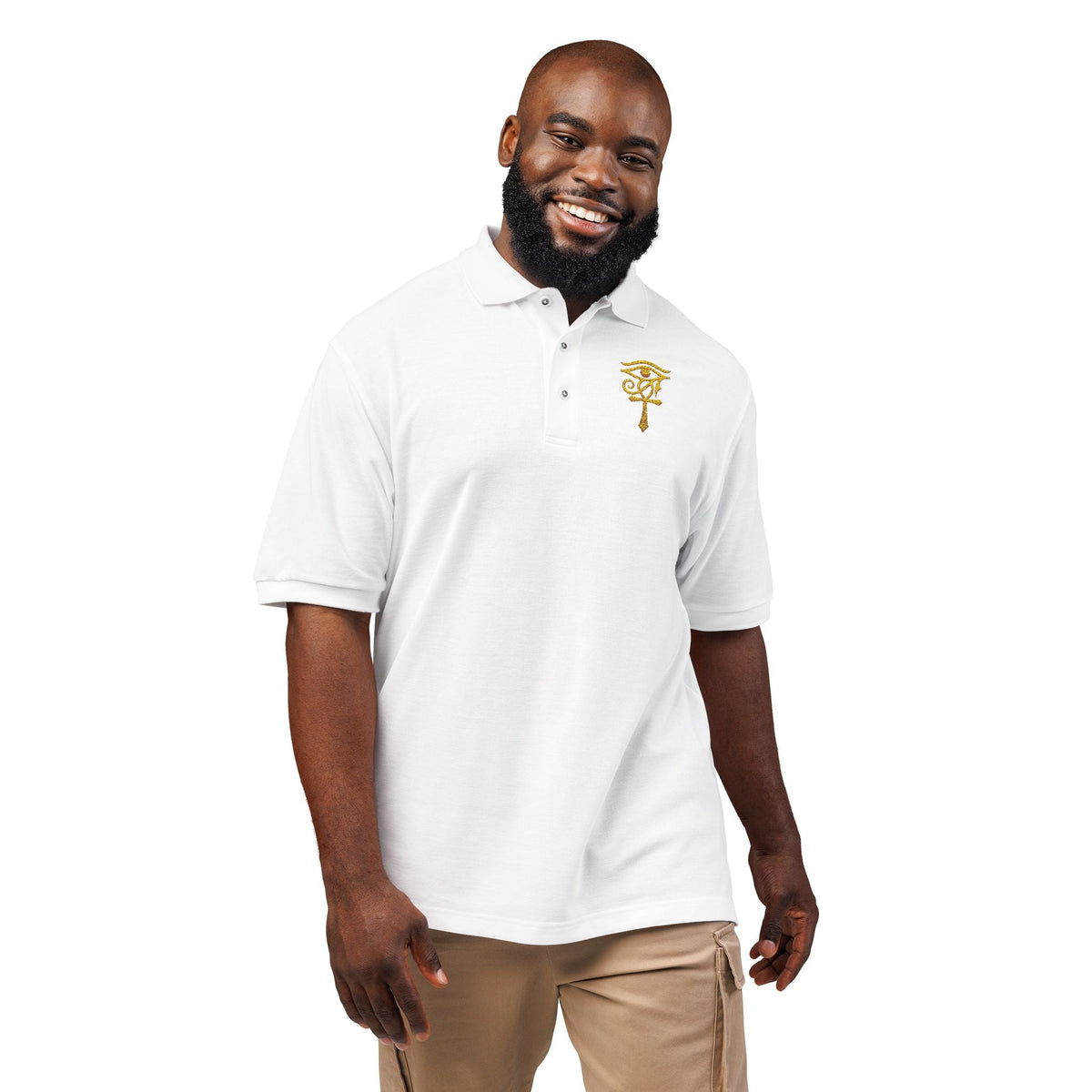 Unisex polo with gold Eye of Horus and ankh embroidery