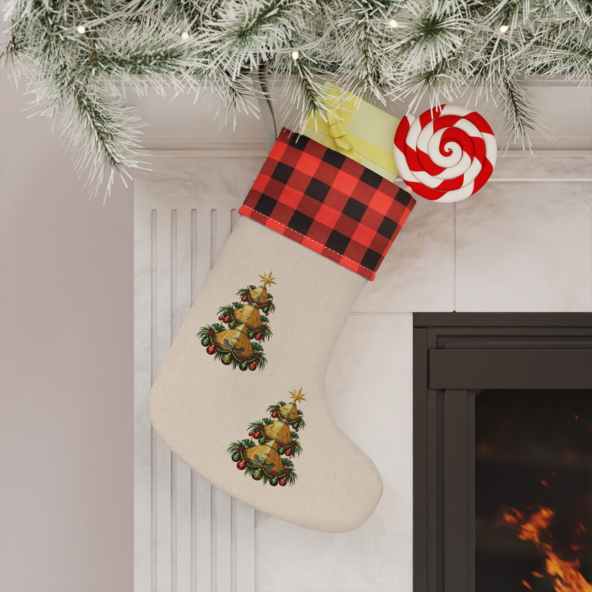 Vintage Christmas Tree Christmas Stocking, Red Buffalo Plaid Cuff Printify