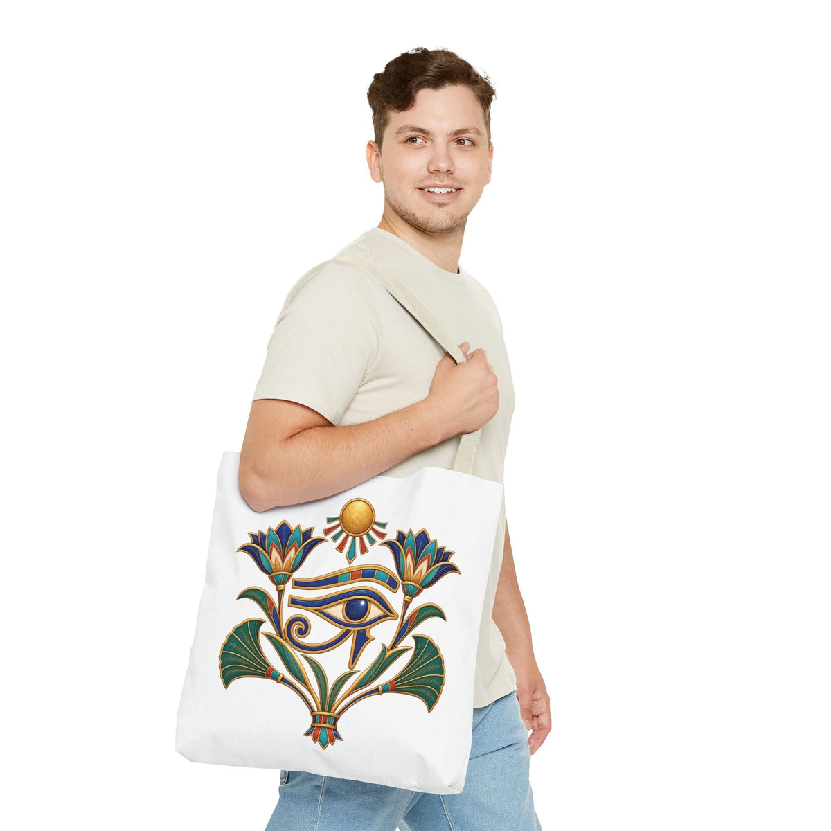 Eye of Horus and lotus Egyptian heritage all-over print tote bag