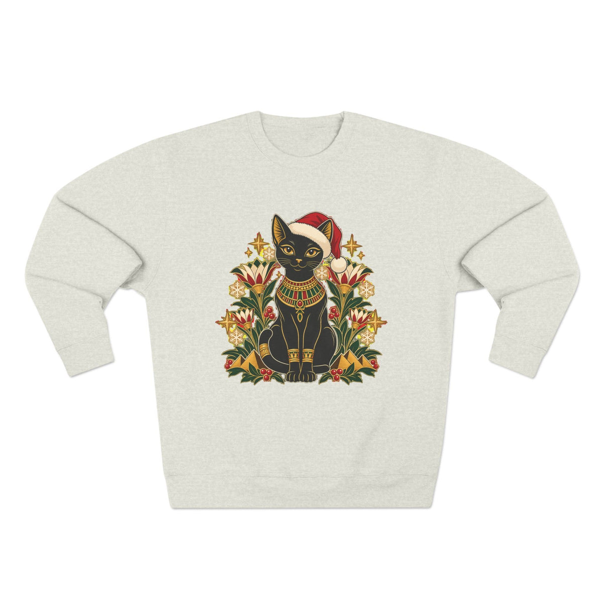 Christmas Black Cat Crewneck Sweatshirt – Festive Egyptian Cat Holiday Pullover Printify