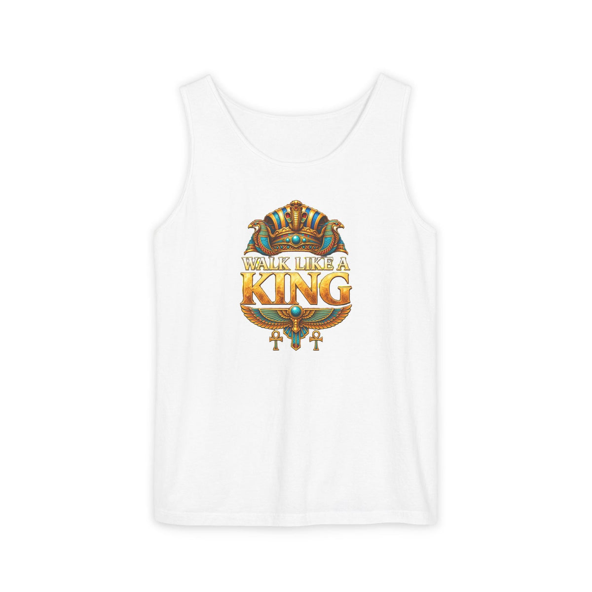 Walk Like a King Egyptian graphic on a garment-dyed tank top