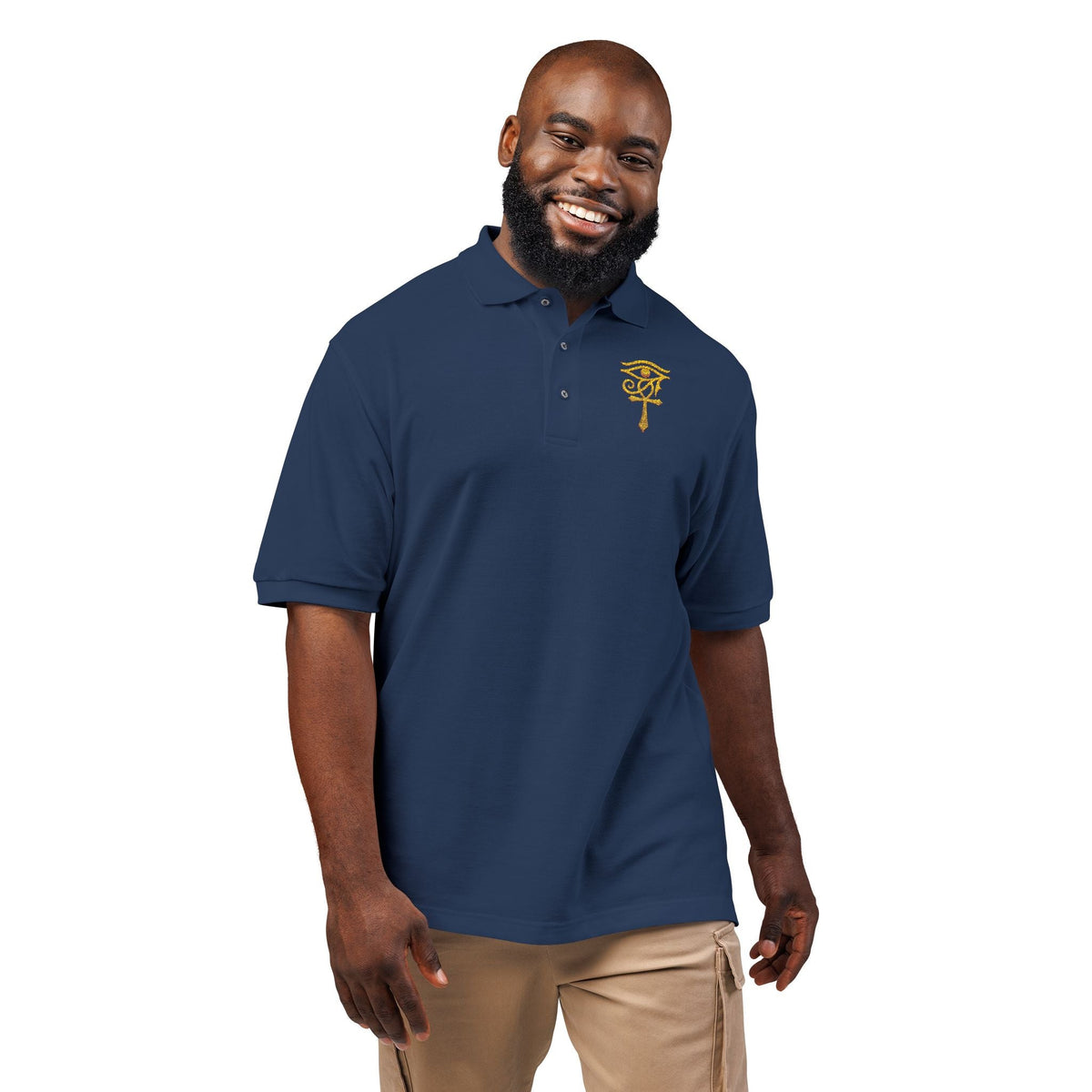 Unisex polo with gold Eye of Horus and ankh embroidery