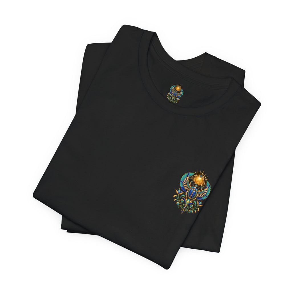 Scarabs & Sun Egyptian Scarab T-Shirt — Golden Sunback Graphic Tee Printify