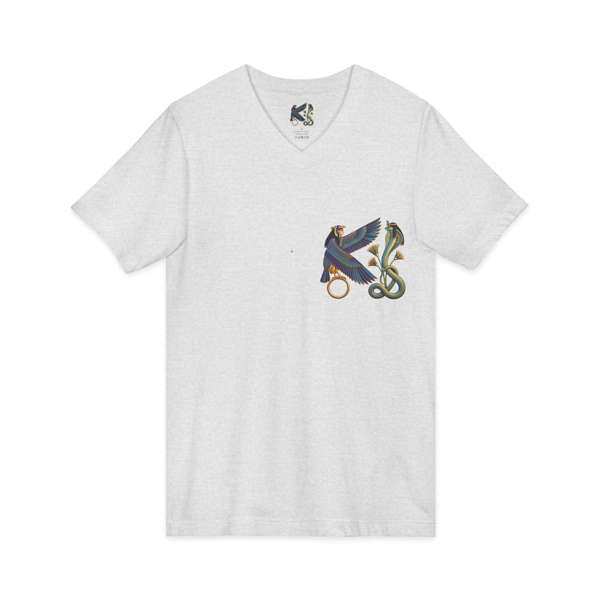 V-neck T-shirt with Egyptian winged figure and cobra artwork