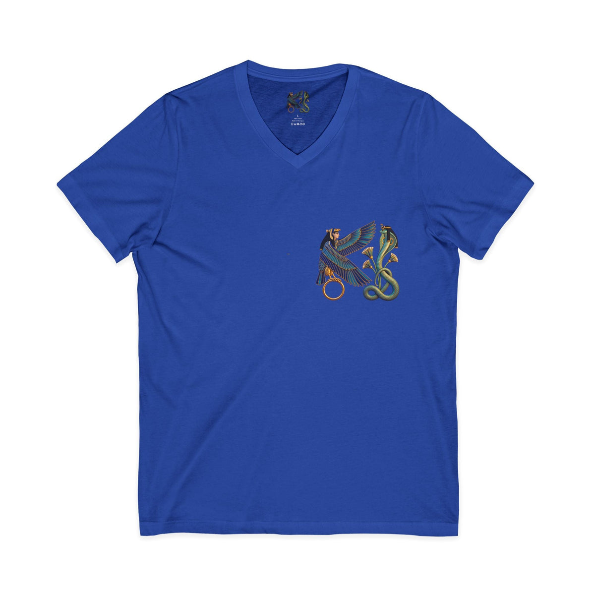 V-neck T-shirt with Egyptian winged figure and cobra artwork