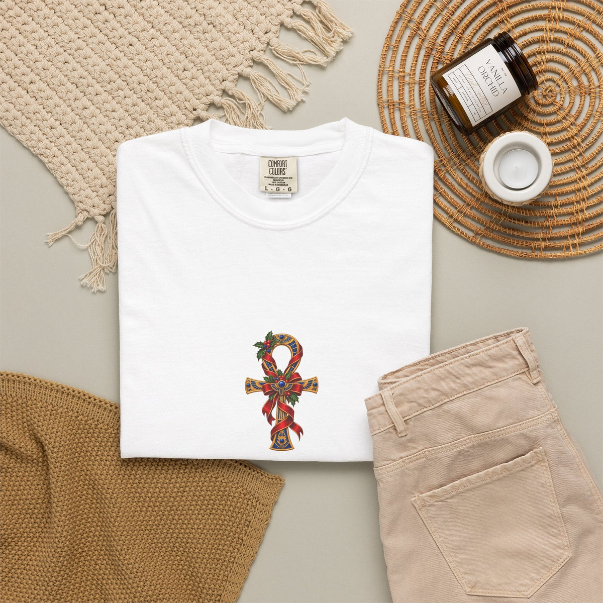 Egyptian Ankh Christmas Ribbon T-Shirt Printify