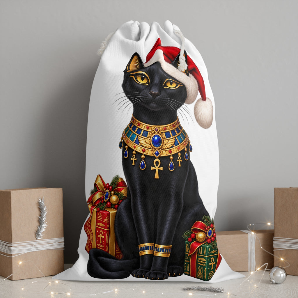 Black Cat Santa Sack | Egyptian Cat with Christmas Presents Printify