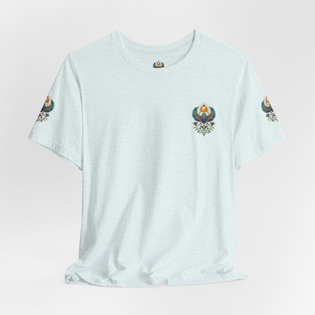 Scarabs & Sun Egyptian Scarab T-Shirt — Golden Sunback Graphic Tee Printify