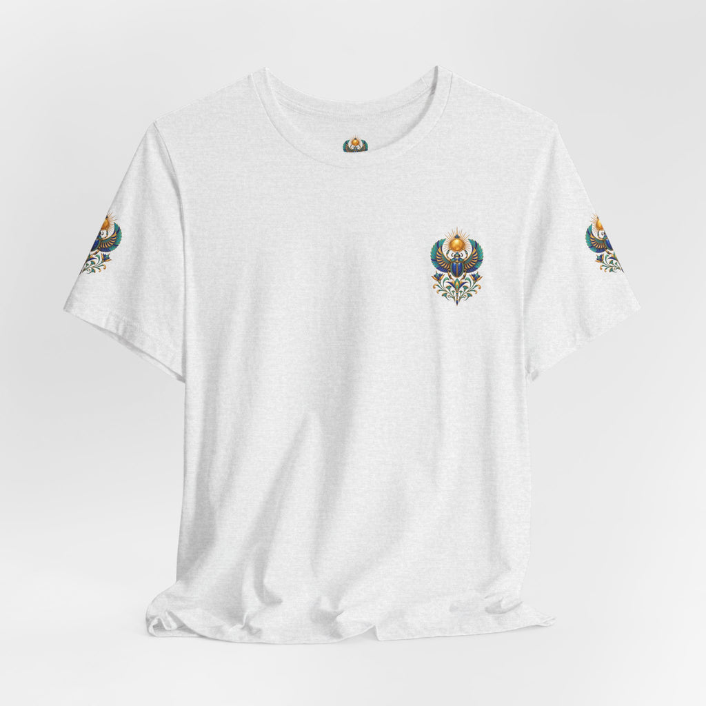 Scarabs & Sun Egyptian Scarab T-Shirt — Golden Sunback Graphic Tee Printify
